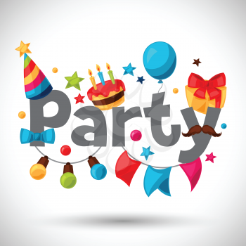 Carnival show and party greeting card with celebration objects.