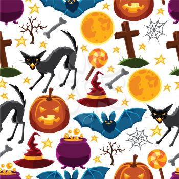 Happy halloween seamless pattern with characters and objects.