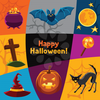 Happy halloween greeting card with characters and objects.