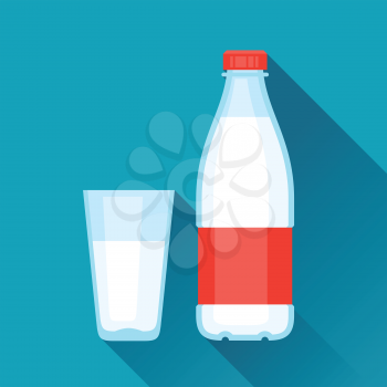 Illustration with bottle and glass of milk in flat design style.