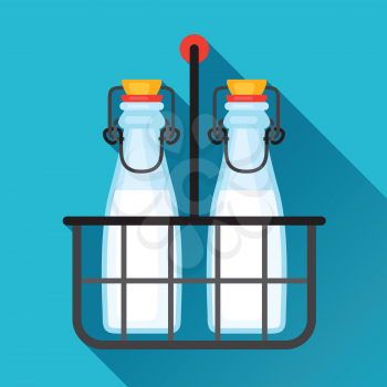 Illustration milk bottles and wire carrier in flat design style.