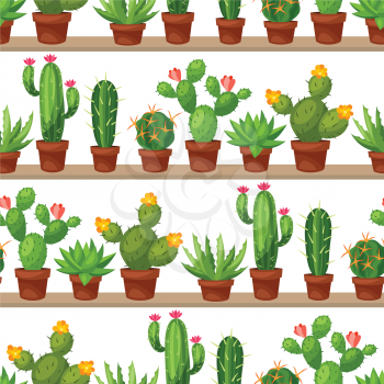 Seamless pattern of abstract cactuses in flower pot on shelves.