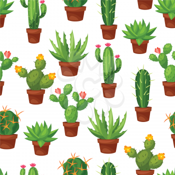 Seamless pattern of abstract cactuses in flower pot.