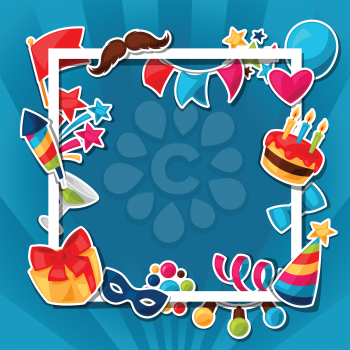 Carnival show and party greeting card with celebration stickers.