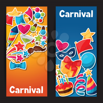 Carnival show and party banners with celebration stickers.