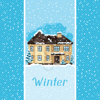 Winter card design with house and trees.