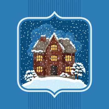 Winter card design with house and trees.