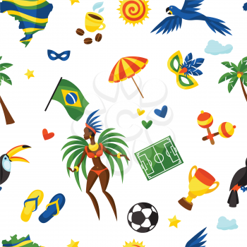 Brazil seamless pattern with stylized objects and cultural symbols.