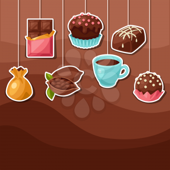 Chocolate background with various tasty sweets and candies.