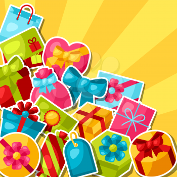Celebration background or card with colorful sticker gift boxes.