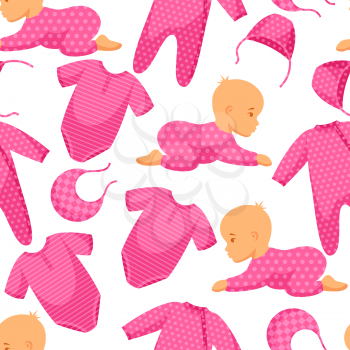 Seamless pattern with child and clothing in pink tones.