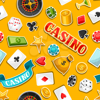 Casino gambling seamless pattern with game sticker objects.