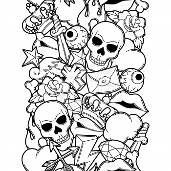 Seamless pattern with retro tattoo symbols. Cartoon old school illustration.