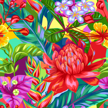 Seamless pattern with Thailand flowers. Tropical multicolor plants, leaves and buds.