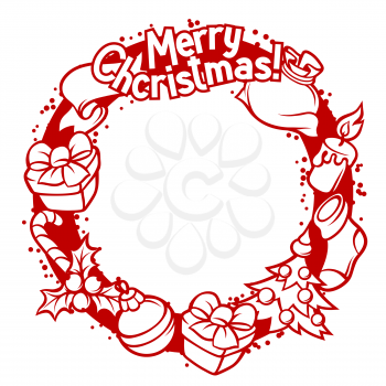 Merry Christmas invitation wreath with holiday symbols.