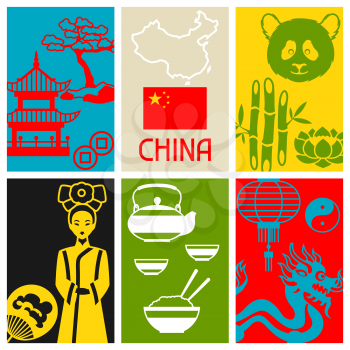 China cards design. Chinese symbols and objects.