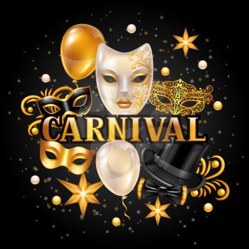 Carnival invitation card with gold masks and decorations. Celebration party background.
