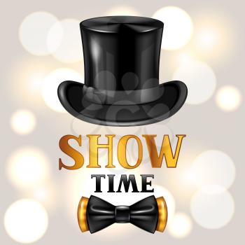 Show time card with cylinder and bow tie. Invitation to entertainment.