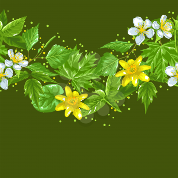 Spring green leaves and flowers. Seamless border with plants, twig, bud.