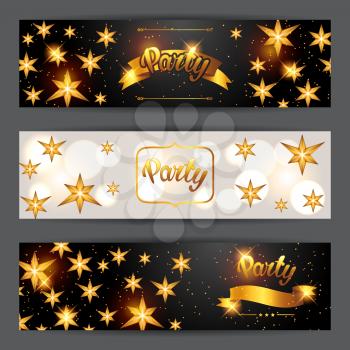 Celebration party background with golden stars. Greeting, invitation card or flyer.