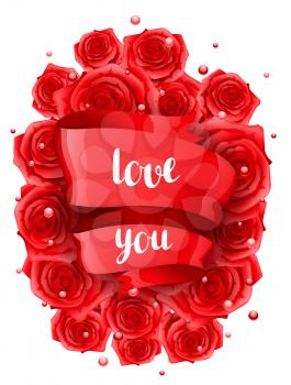 Happy Valentine day greeting card with red realistic roses.