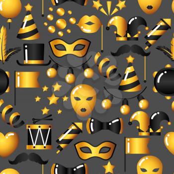 Carnival seamless pattern with gold icons and objects. Celebration party background.