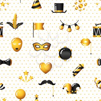 Carnival seamless pattern with gold icons and objects. Celebration party background.