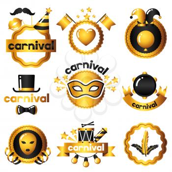 Carnival badges with gold icons and objects. Celebration party set.
