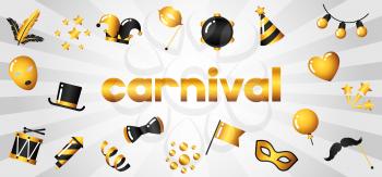 Carnival banner with gold icons and objects. Celebration party background.