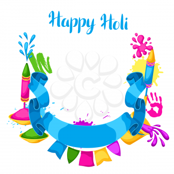 Happy Holi colorful frame. Illustration of buckets with paint, water guns, flags, blots and stains.