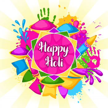 Happy Holi colorful background. Illustration of buckets with paint, water guns, flags, blots and stains.