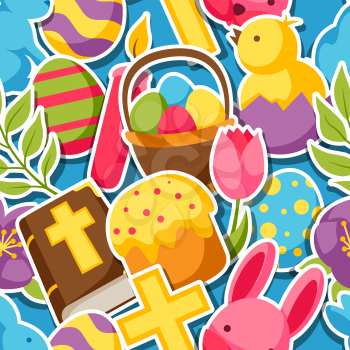 Happy Easter seamless pattern with decorative objects, eggs and bunnies stickers.