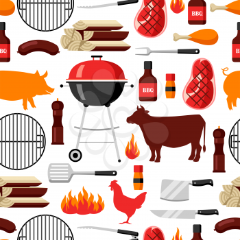 Bbq seamless pattern with grill objects and icons.