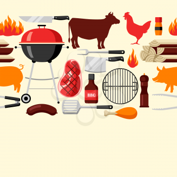 Bbq seamless pattern with grill objects and icons.