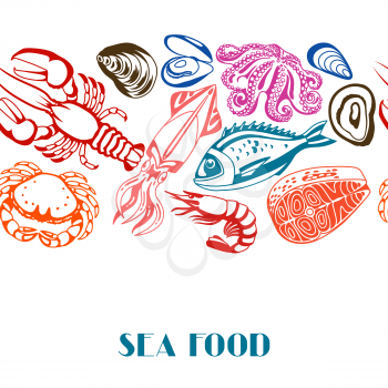 Seamless pattern with various seafood. Illustration of fish, shellfish and crustaceans.