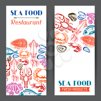 Banners with various seafood. Illustration of fish, shellfish and crustaceans.