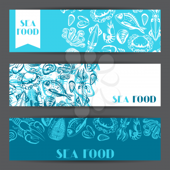 Banners with various seafood. Illustration of fish, shellfish and crustaceans.