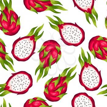 Seamless pettern with dragon fruit isolated on white background. Illustration of tropical plant.