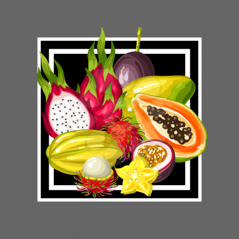Print with exotic tropical fruits. Illustration of asian plants.