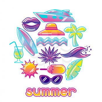 Background with stylized summer objects. Abstract illustration in vibrant color.