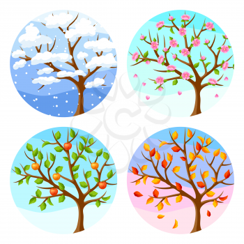 Four seasons. Illustration of tree and landscape in winter, spring, summer, autumn