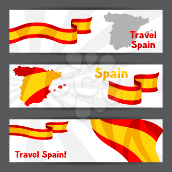 Banners with flag and map of Spain. Spanish traditional symbols and objects.