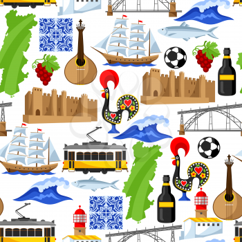Portugal seamless pattern. Portuguese national traditional symbols and objects.
