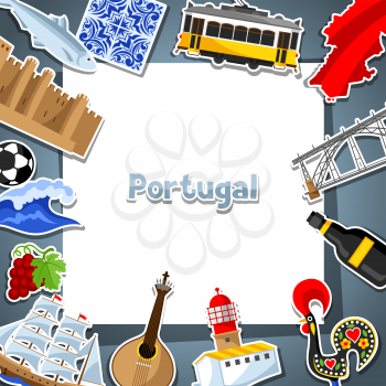 Portugal card with stickers. Portuguese national traditional symbols and objects.
