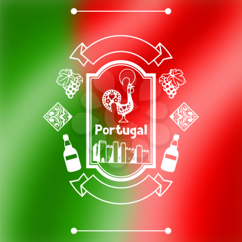 Portugal background design. Portuguese national traditional symbols on blurred flag.