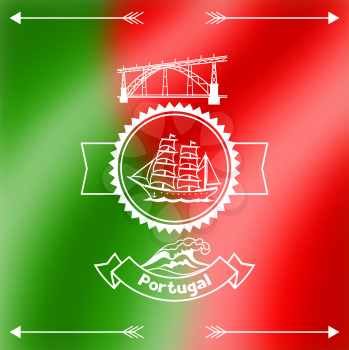 Portugal background design. Portuguese national traditional symbols on blurred flag.