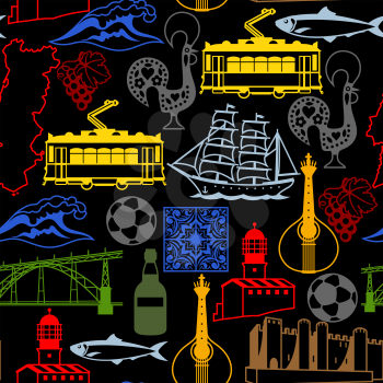 Portugal seamless pattern. Portuguese national traditional symbols and objects.