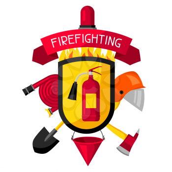 Badge with firefighting items. Fire protection equipment.