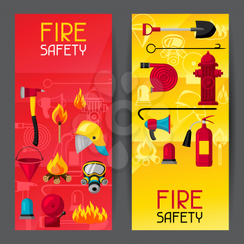 Banners with firefighting items. Fire protection equipment.