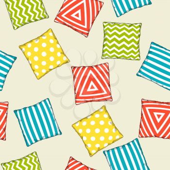 Seamless pattern with multicolored decorative pillows. Sketch illustration.